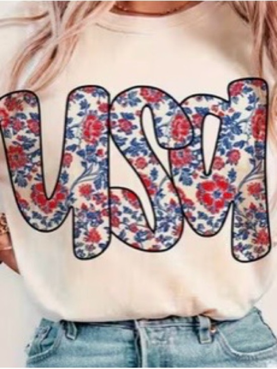 Private Label Tops - NWOT White Cotton Tee with Red & Blue Floral “USA” Graphic,Size Large